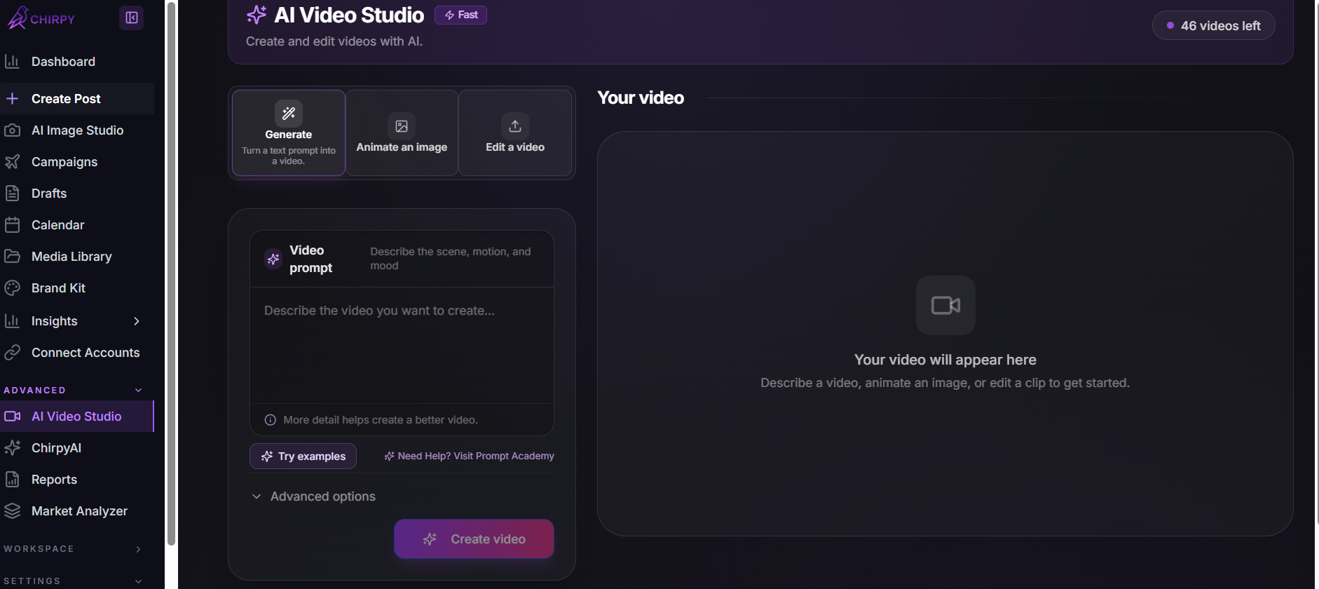 AI Video Studio open in the Chirpy dashboard, showing the Generate, Animate an image and Edit a video modes, an empty video preview, and the remaining video-credit counter.