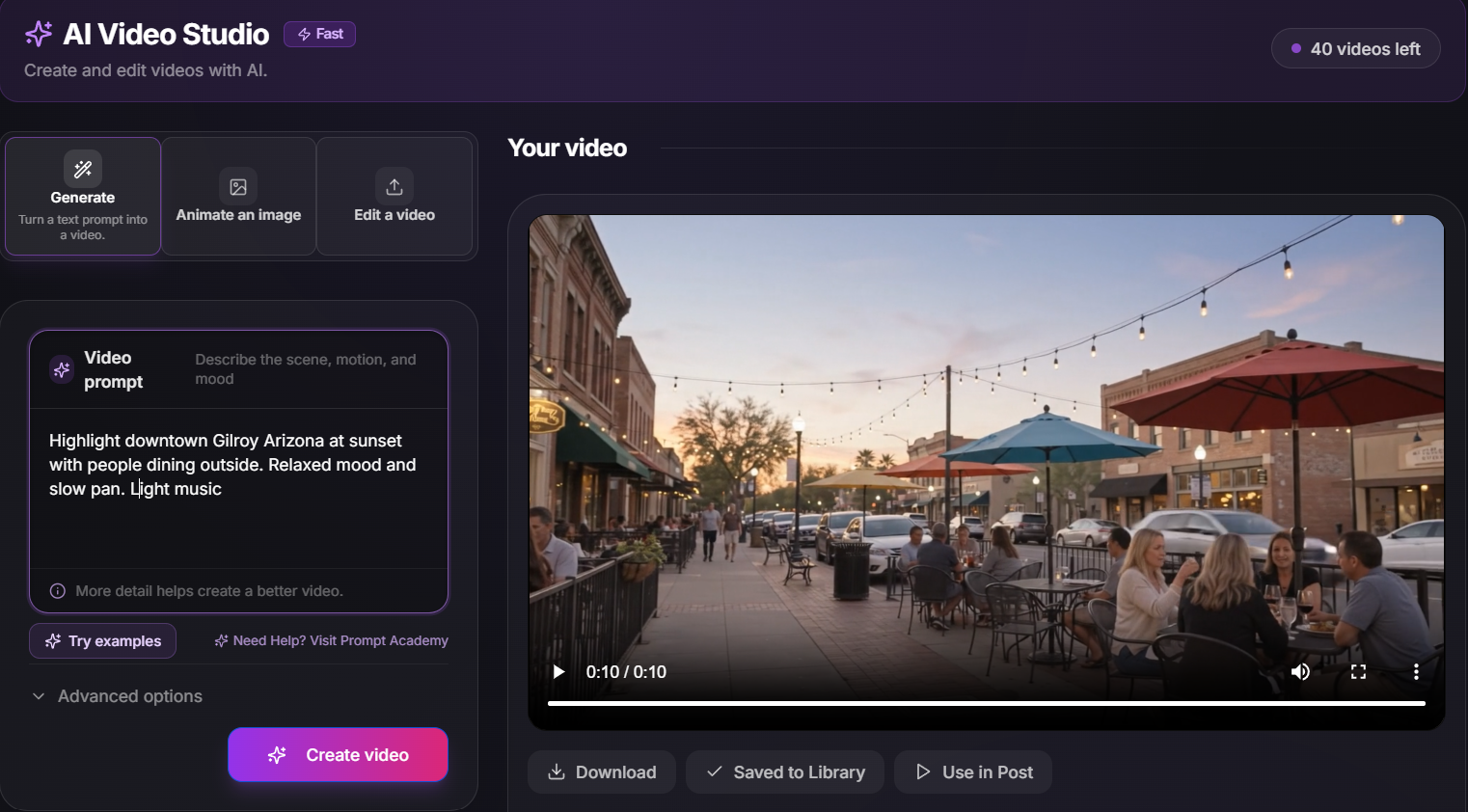 Completed video-generation example in AI Video Studio, with the prompt for a sunset street dining scene in downtown Gilroy, Arizona and the generated patio video ready to download or use in a post.