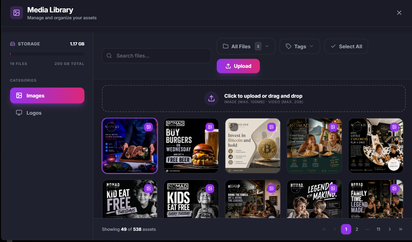 Chirpy Media Library modal with restaurant images and promotional graphics displayed for selecting a reference image.