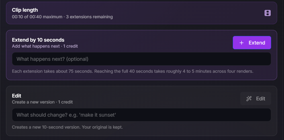AI Video Studio controls showing a 10-second clip with three extensions remaining and separate one-credit Extend and Edit options.