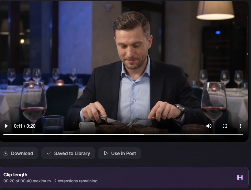 Extended video playing a diner tasting steak, with the clip length showing 20 seconds and two extensions remaining.
