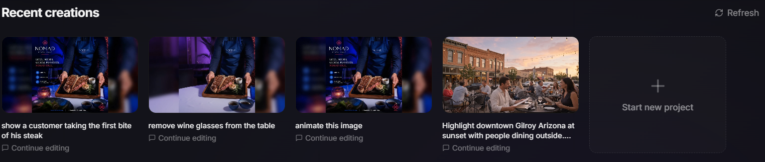 Recent creations gallery displaying the extended steak video, edited and original versions, and the generated downtown Gilbert dining video.