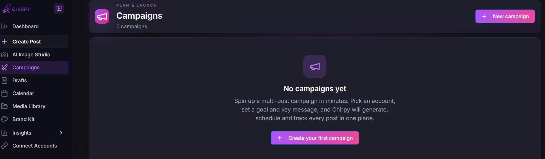 Campaigns entry in the Chirpy dashboard